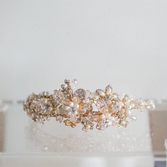 Wedding Headband Crystal Pearl Antique Gold Bride - Picture 8 of 11